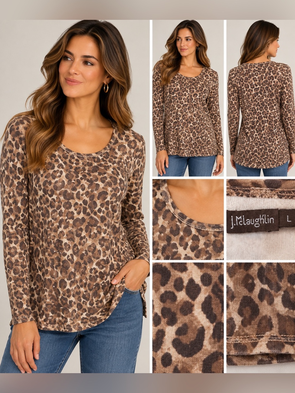 J. McLaughlin Leopard Animal Print Long Sleeve Stretch Top Large